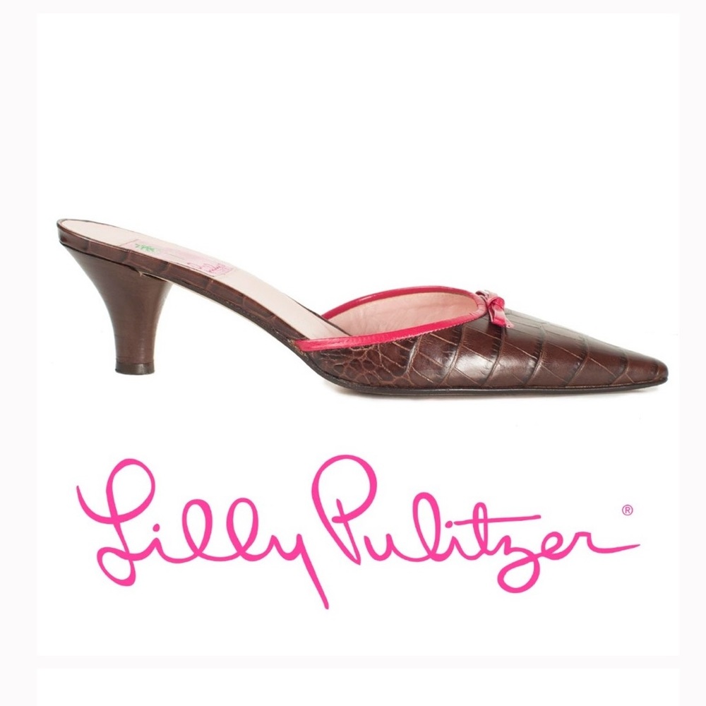 Lilly Pulitzer Brown Croc-Embossed Kitten Heel Mules Pink Trim Bow Detail - 7